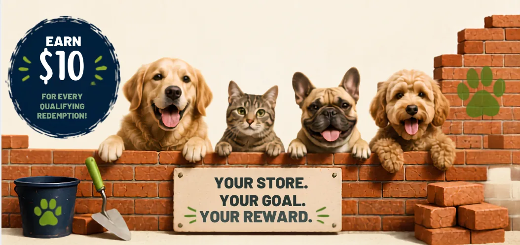 Dogs and a cat peeking over a brick wall with a sign reading: Your store. Your goal. Your reward.