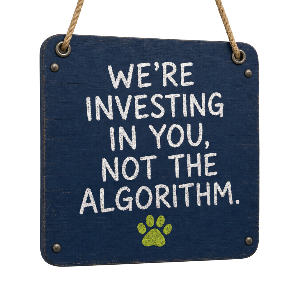 Hanging sign reading: We're investing in you, not the algorithm.